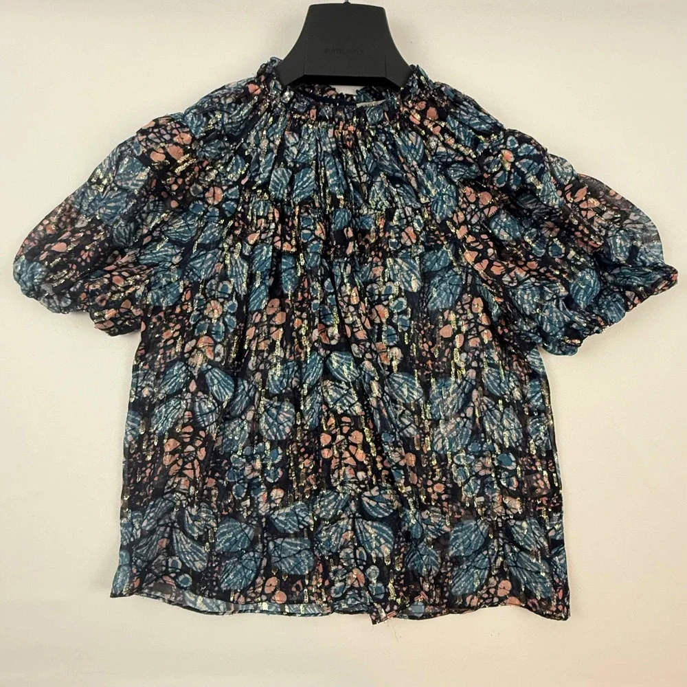 Ulla Johnson Silk Lurex Metallic Ruffle Puff Sleeve Blouse Blue Pink Gold 4